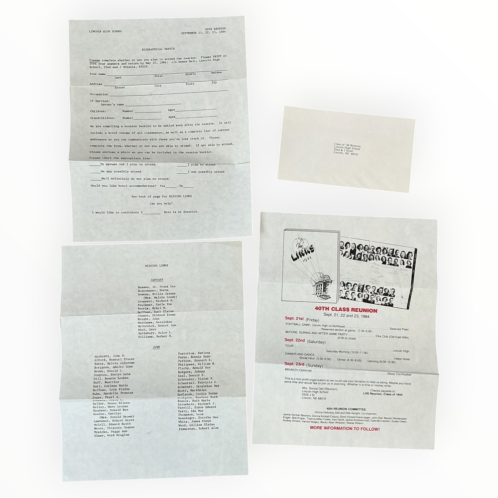 1984 Lincoln High School Nebraska Class of 1944 40th Reunion Ephemera Lot